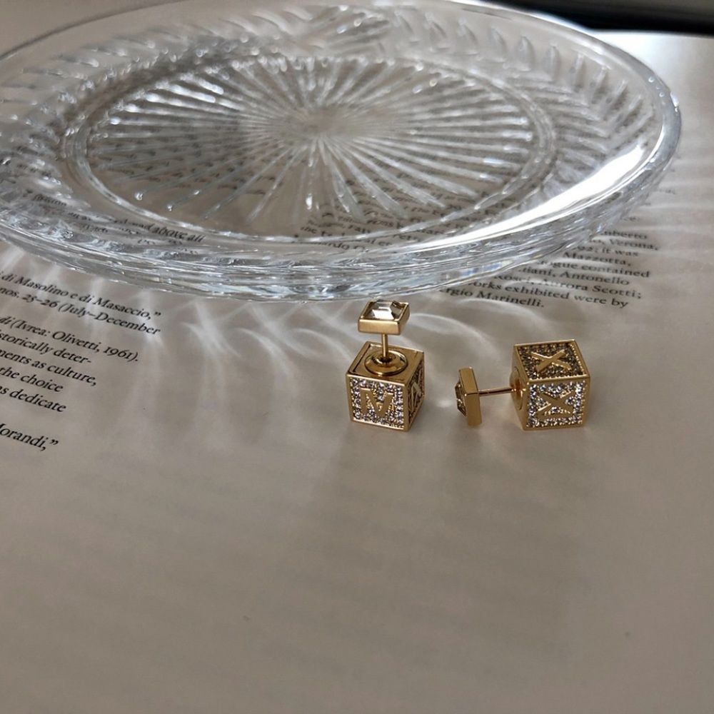 New 14K Gold Two way Earrings Dice Geometric Earrings Zircon Studs Gold Earrings - Picture 4 of 4